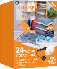 24 Pack Vacuum Storage Bags with Electric Pump, (5 Jumbo, 5 Large, 5 Medium, 5 Small, 4 Roll up Bags) Space Saver Bag for Clothes, Mattress, Blanket, Duvets, Pillows, Comforters,Travel