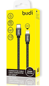 Budi 20W PD Fast Charge Braided Thunderbolt 1M or USB C to Lightning Connector Cable for fast charging with Aluminum Alloy Shell - 18W,20W, 30W,or 60W USB-C Power Adapter Adaptable for Apple devices