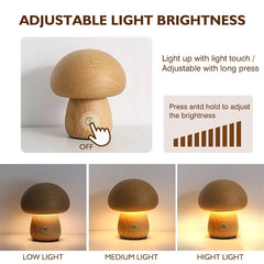 Dimmable Beech and Walnut Mushroom Lamp – Warm LED Glow