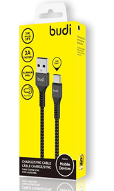 Budi 1m Type C to USB Braided Cable with 65W PD USB C USB charger for Fast Charging, Zinc Alloy and Nylon Material, Black Color for Macbook Pro/Air/SamsungS21/S20/Huawei/Xiaomi