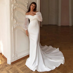 Elegant Sweetheart Wedding Dress Women Mermaid Long Sleeve White Off The Shoulder Bridal Gown Train Vestido De Novia Customized