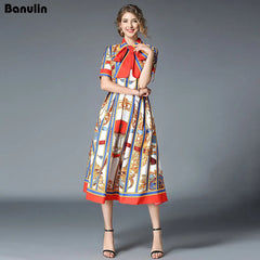 Banulin HIGH QUALITY Runway Designer Summer Dress Women's Short Sleeve Shirt Collar Stripe Printed Bow Midi Dress