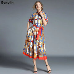 Banulin HIGH QUALITY Runway Designer Summer Dress Women's Short Sleeve Shirt Collar Stripe Printed Bow Midi Dress