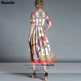 Banulin HIGH QUALITY Runway Designer Summer Dress Women's Short Sleeve Shirt Collar Stripe Printed Bow Midi Dress