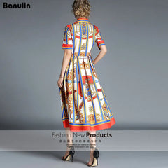 Banulin HIGH QUALITY Runway Designer Summer Dress Women's Short Sleeve Shirt Collar Stripe Printed Bow Midi Dress