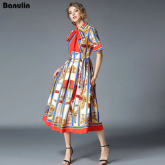 Banulin HIGH QUALITY Runway Designer Summer Dress Women's Short Sleeve Shirt Collar Stripe Printed Bow Midi Dress