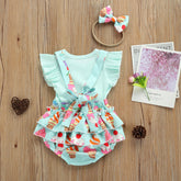 Cute Newborn Infant Baby Girls Fly Sleeve Ribbed Blue T-Shirt Top ICe Cream Print Suspender Pants Bowknot Headband 3pcs Outfits