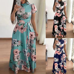 Summer New Women's Luxury Sexy Retro Fashion Round Neck Mid Waist Casual Comfortable Flower Printed Large Swing Dress