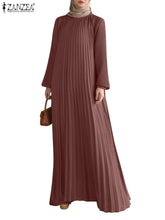 ZANZEA Autumn Pleated Sundress Fashion Women Long Lantern Sleeve Muslim Dress Abaya Islamic Maxi Robe Dubai Hijab Dresses Kaftan