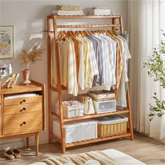 Bamboo Clothes Rail Rack Free Standing Garment Rack with 3 Storage Shelves and 10 Hooks