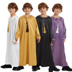 Luxury Muslim Thobe Boys Saudi Dress Kids Islamic Clothing Turkish Arab Dubai Black White Yellow Abaya Children TH881