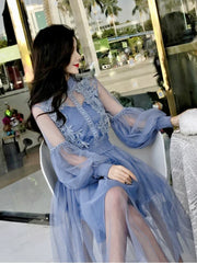 New Women Party Lace Flower Dress Gauze Lantern Sleeve Voile Long Dress Female Retro Hook Princess Dress 2 Piece Set
