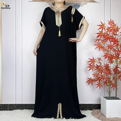 New Muslim Abayas Summer Short Sleeve African Dashiki Tassels Cotton Loose Caftan Lady Maxi Islam Casual Dresses With Headscarf