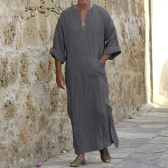 Men Long Linen Jubba Thobe Kaftan Muslim Arab Islamic V-neck Long Sleeve Solid Cotton Linen Robe Muslim Arabia Man Abaya