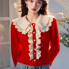 Women Sweet Solid Lace Turn-down Collar Eelegant Fashion Sweaters Autumn Winter Knitted Jumper Ruffles Loose Pullover Knitwear
