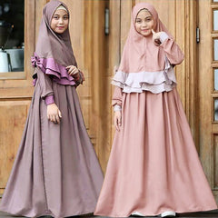 Muslim Kids Girls Prayer Dress Hijab Abaya Robe Arab Dubai Children Ramadan Kaftan Headscarf Islamic Eid Party Gown Jilbab 2022