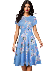 Vintage Elegant Floral Print Pleated Round neck vestidos A-Line Pinup Business Party Women Flare Swing Dress A102