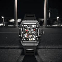 Men‘s automatic mechanical watch black warrior hollow design waterproof rubber strap stainless steel case luminous