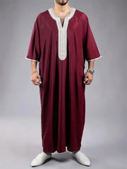 Summer New Muslim men's short-sleeved black red embroidered loose breathable casual Islamic robes