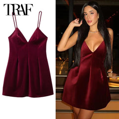 TRAF 2024 Womens Dresses Velvet Slip Short Dress Lady Pleated Corset Red Dress Burgundy Sleeveless Backless Vestidos Warm Dress