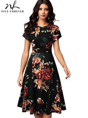 Vintage Elegant Floral Print Pleated Round neck vestidos A-Line Pinup Business Party Women Flare Swing Dress A102