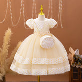 New Cute Girl Polka Dot Mesh Princess Dress Bubble Sleeves Beaded Sticker Wedding Flower Girl Birthday Party Dress with Bag