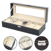 6 Grids PU Leather Luxury Watch Organize Glass Display Case Jewelry Collection Storage Holder Box For Mens and Women