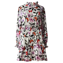 Fasion Sweet Floral Print Dress Ruffle Turtleneck Maxi Long Sleeve Fresh & Style Summer Elegant Mid-Length Dresses For Women