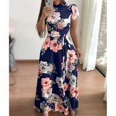Summer New Women's Luxury Sexy Retro Fashion Round Neck Mid Waist Casual Comfortable Flower Printed Large Swing Dress