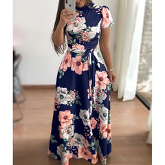 Summer New Women's Luxury Sexy Retro Fashion Round Neck Mid Waist Casual Comfortable Flower Printed Large Swing Dress
