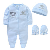 3 Pcs/lot Baby Boy Clothes Set 3M 6M 9M 100% Cotton Blue Crown Design Newborn Jumpsuit