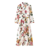 Zevity 2024 New Women Vintage Floral Print Bow Sashes Shirt Midi Dress Female Chic Turn Down Collar Casual Slim Vestidos DS6238