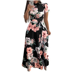 Summer New Women's Luxury Sexy Retro Fashion Round Neck Mid Waist Casual Comfortable Flower Printed Large Swing Dress