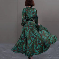 V-neck satin dress Women 2024 spring autumn new elegant loose dresses long sleeve Temperament print Luxury Party Vestidos female