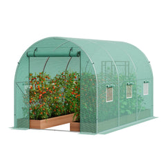 SucceBuy Walk-in Tunnel Greenhouse Hoop House Greenhouse Tunnel Plant House with Steel Frame Green PE Cover Roll-up Zipper Door