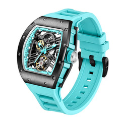 Men‘s automatic mechanical watch black warrior hollow design waterproof rubber strap stainless steel case luminous