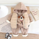 Boys and Girls Thickened Suit Winter Children's Velvet Vest Hoodies Pants Three-piece Set Hooded Clothes Winter Fashion