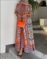 abaya long trench coat miyake women's Arab style elegant wrinkled loose large size printed Middle East cardigan robe tide
