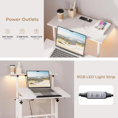 Height Adjustable Desk with Power Outlets & Strip Lights,Mobile Standing Laptop Desk Rolling Sit-Stand Computer Desk with Wheels