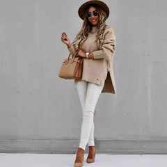 Winter New Fashionable and Casual Women's Half High Collar Solid Color Bundle Hand Side Split Knitted Sweater