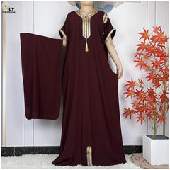 New Muslim Abayas Summer Short Sleeve African Dashiki Tassels Cotton Loose Caftan Lady Maxi Islam Casual Dresses With Headscarf