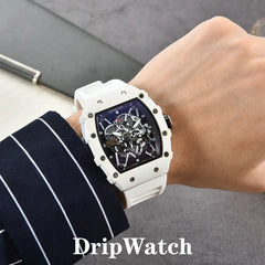 2025 latest cool white ice same wine barrel type skeleton quartz wristwatch men's watch