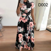 Summer New Women's Luxury Sexy Retro Fashion Round Neck Mid Waist Casual Comfortable Flower Printed Large Swing Dress