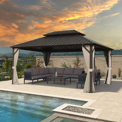Outdoor Hardtop Gazebo,Galvanized Steel Double Roof with Curtains and Nettings,Metal Frame,Garden Canopy 12’ X 16’