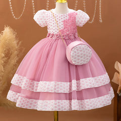 New Cute Girl Polka Dot Mesh Princess Dress Bubble Sleeves Beaded Sticker Wedding Flower Girl Birthday Party Dress with Bag