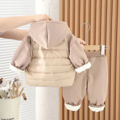 Boys and Girls Thickened Suit Winter Children's Velvet Vest Hoodies Pants Three-piece Set Hooded Clothes Winter Fashion
