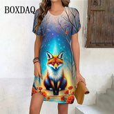Vintage Fox Pattern Print Dresses Women Oversized Clothing Summer Female Short Sleeve Mini Dress Casual Funny Animals Fox Dress