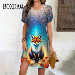 Vintage Fox Pattern Print Dresses Women Oversized Clothing Summer Female Short Sleeve Mini Dress Casual Funny Animals Fox Dress