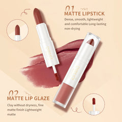 QIBEST 2 in 1 Long-lasting Matte Lipstick Sexy Red Lipstic Velvet Lipgloss Women Waterproof Nude Lip Tint Girl Fashion Makeup
