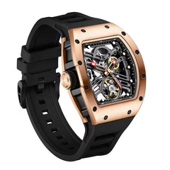 Men‘s automatic mechanical watch black warrior hollow design waterproof rubber strap stainless steel case luminous